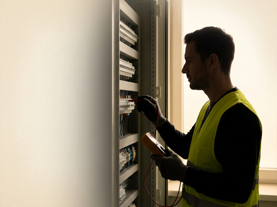 Elektrofachkraft im Profil, mit Multimeter an einem geöffneten Schaltschrank prüfend — Person nicht erkennbar (DSGVO)